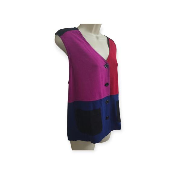 Carole Little Red Pink Blue & Black 100% Rayon Color Block Button Up Vest Sz 12 - Picture 3 of 7